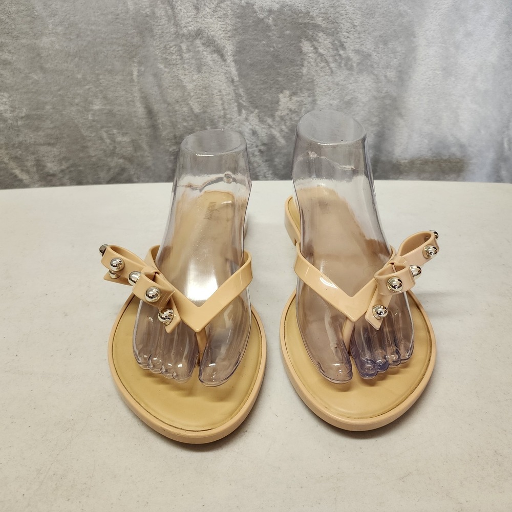 Melissa Sandals Womens Size 10 Slim Li Flip Flops Tan Silver Beaded Bow Thong - Picture 4 of 11